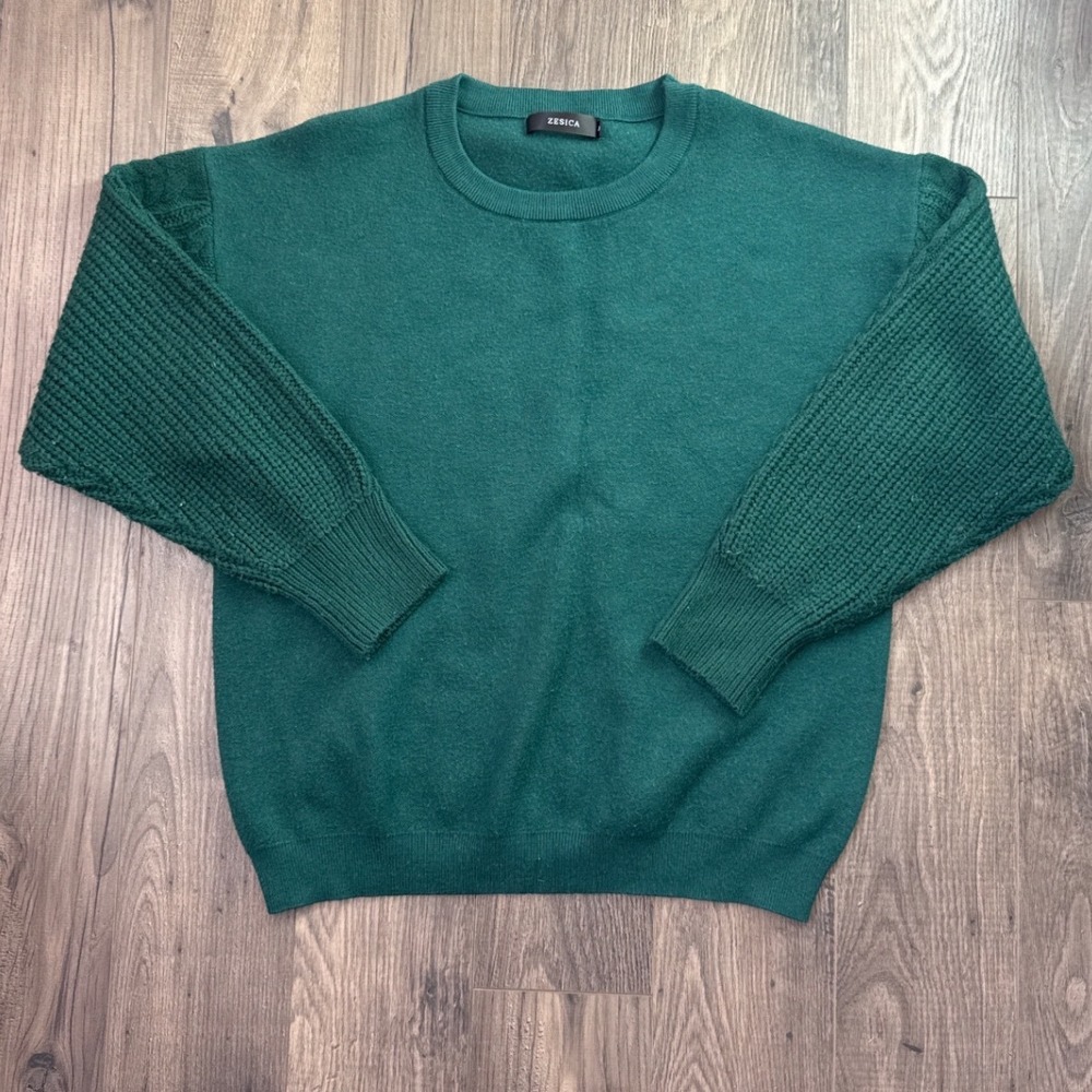 Zesica Emerald Green Cable Knit Balloon Sleeve Crewneck Sweater Large